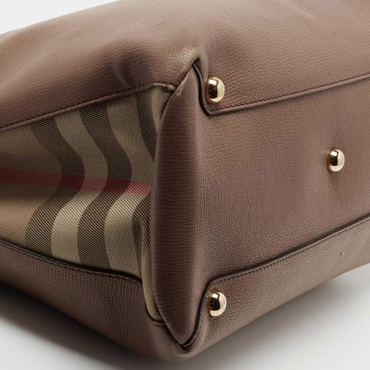 Pre Owned Burberry Beige Leather and House Check Canvas Medium Banner Tote