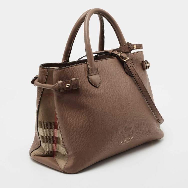 Pre Owned Burberry Beige Leather and House Check Canvas Medium Banner Tote
