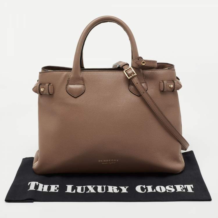 Pre Owned Burberry Beige Leather and House Check Canvas Medium Banner Tote