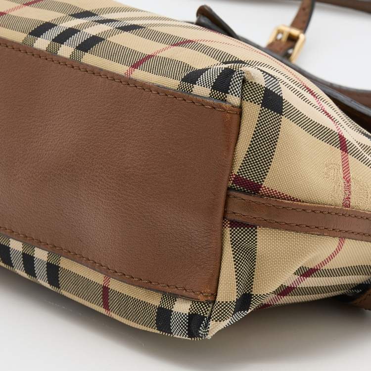 Pre Owned Burberry Beige/Brown Haymarket Check Canvas and Leather Crossbody Bag