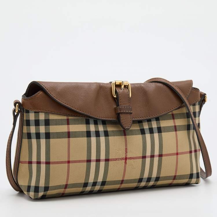 Pre Owned Burberry Beige/Brown Haymarket Check Canvas and Leather Crossbody Bag
