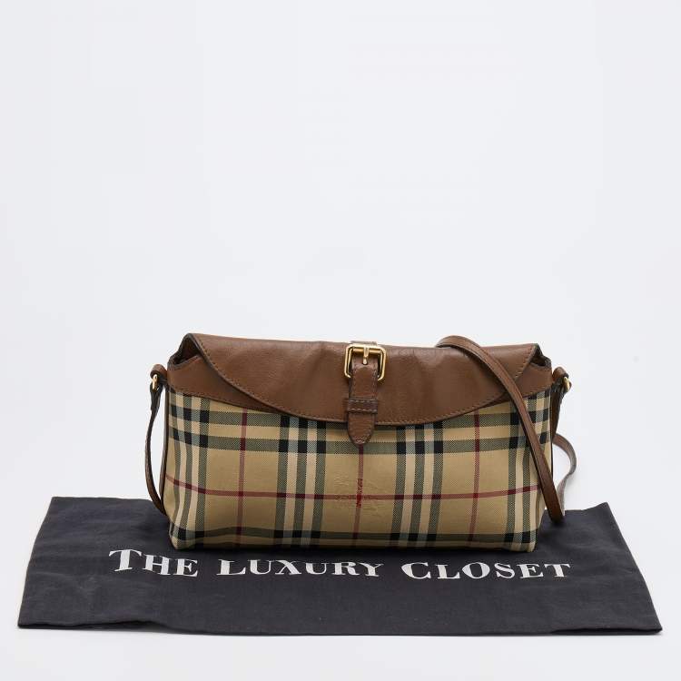 Pre Owned Burberry Beige/Brown Haymarket Check Canvas and Leather Crossbody Bag