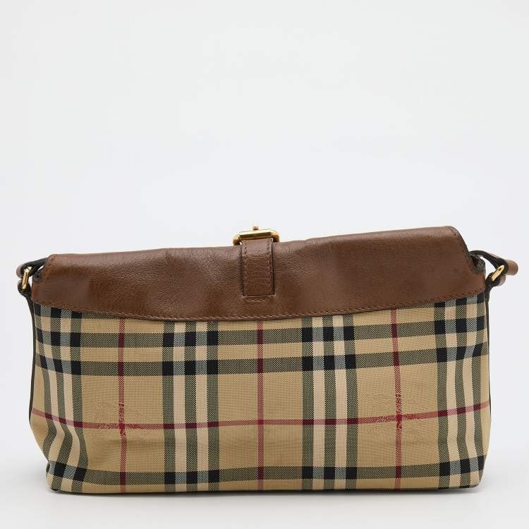 Pre Owned Burberry Beige/Brown Haymarket Check Canvas and Leather Crossbody Bag