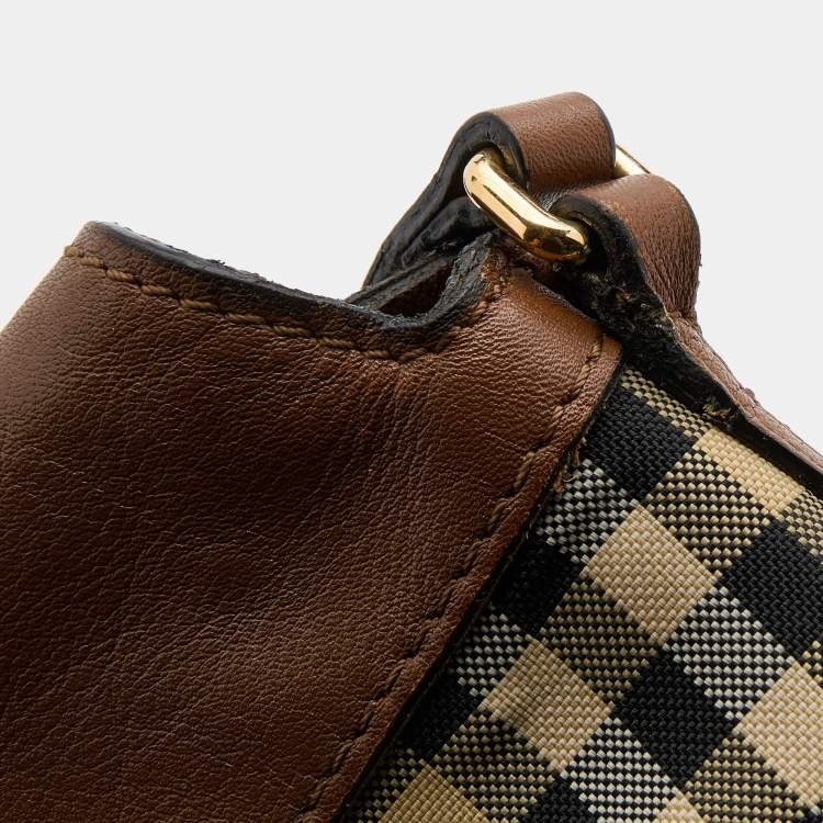 Pre Owned Burberry Beige/Brown Haymarket Check Canvas and Leather Crossbody Bag