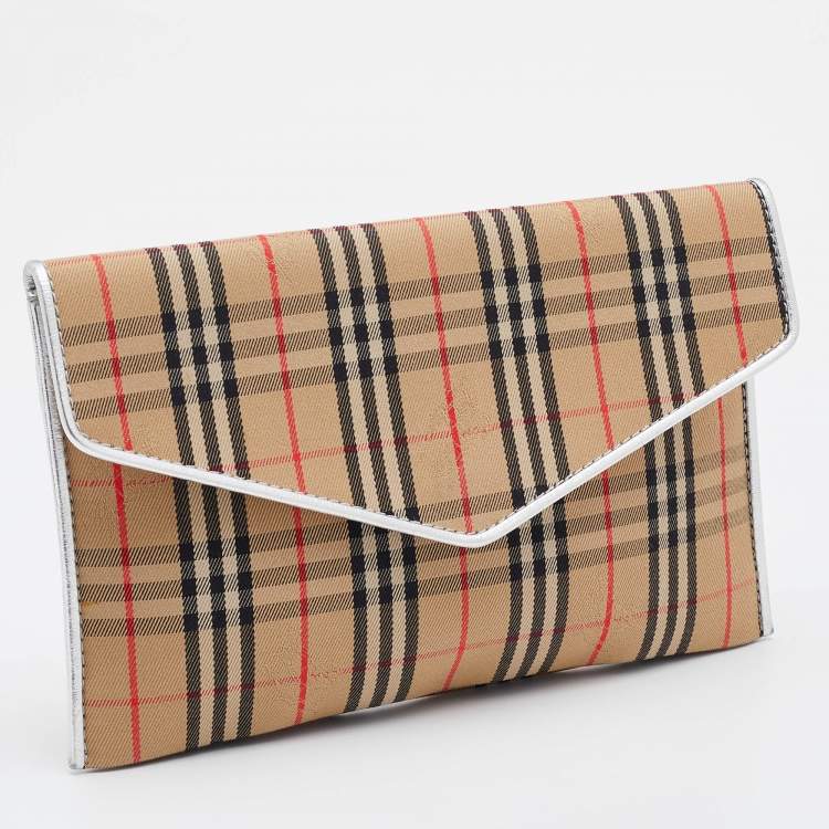 Pre Owned Burberry Beige/Silver Haymarket Canvas and Leather Envelope Flap Wallet