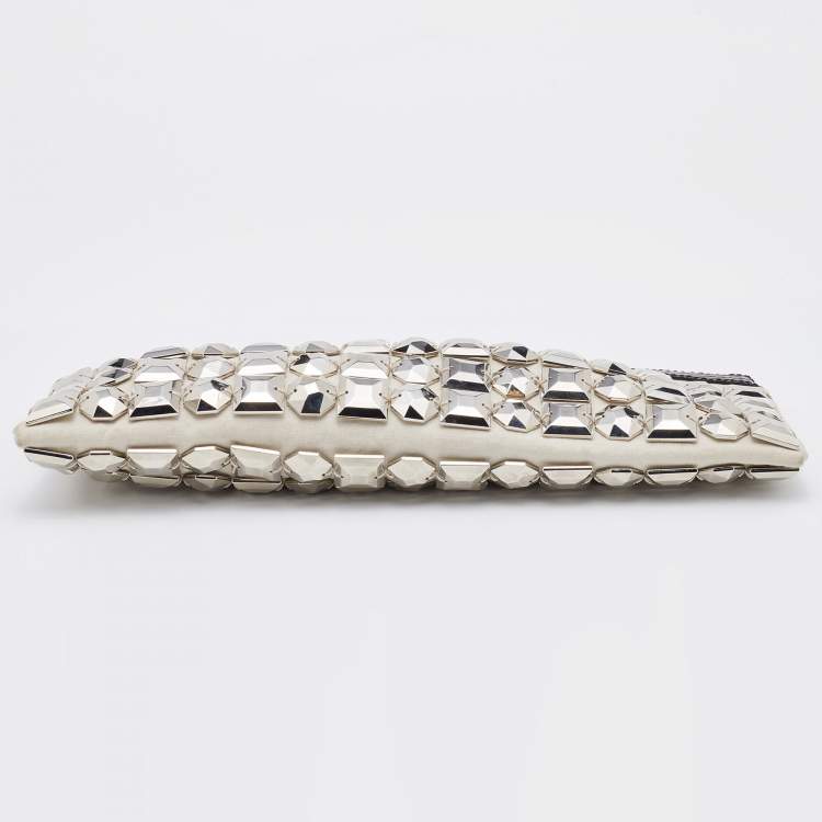 Pre Owned Burberry Off White/Black Fabric and Croc Embossed Patent Leather Embellished Wristlet Clutch