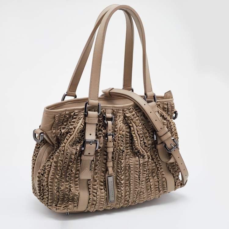 Pre Owned Burberry Beige Ruffled Leather Lowry Tote