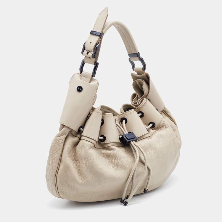 Pre Owned Burberry Light Beige Leather Drawstring Warrior Hobo