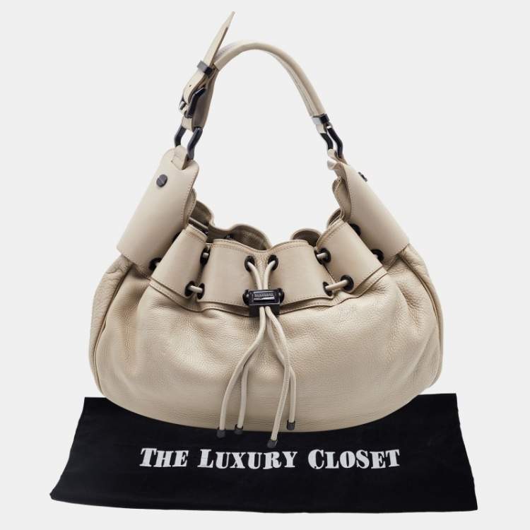 Pre Owned Burberry Light Beige Leather Drawstring Warrior Hobo