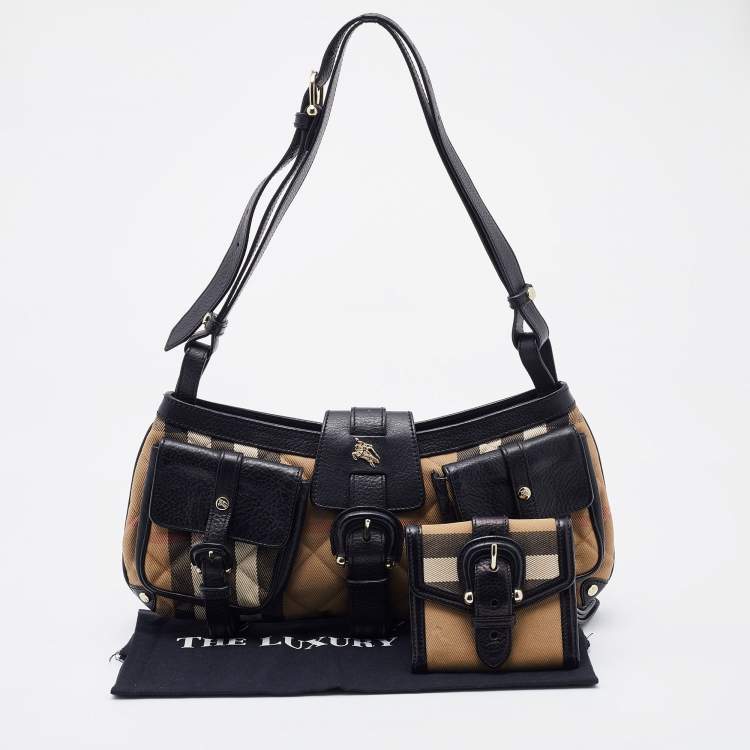 Pre Owned Burberry Beige/Black Quilted House Check Canvas and Leather Shoulder Bag
