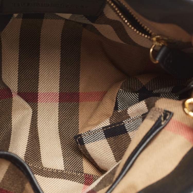 Pre Owned Burberry Black/Beige Leather and House Check Fabric Small Banner Tote