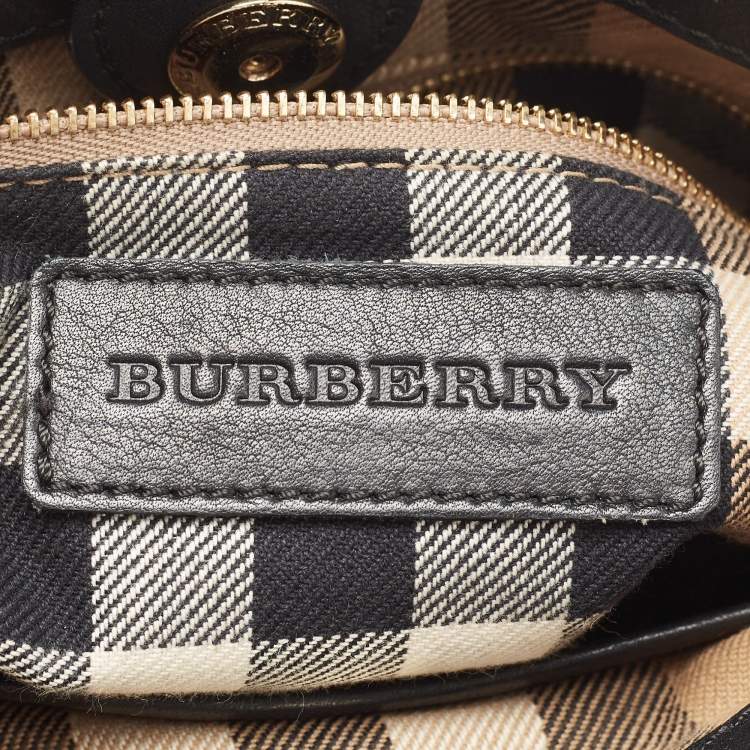 Pre Owned Burberry Black/Beige Leather and House Check Fabric Small Banner Tote
