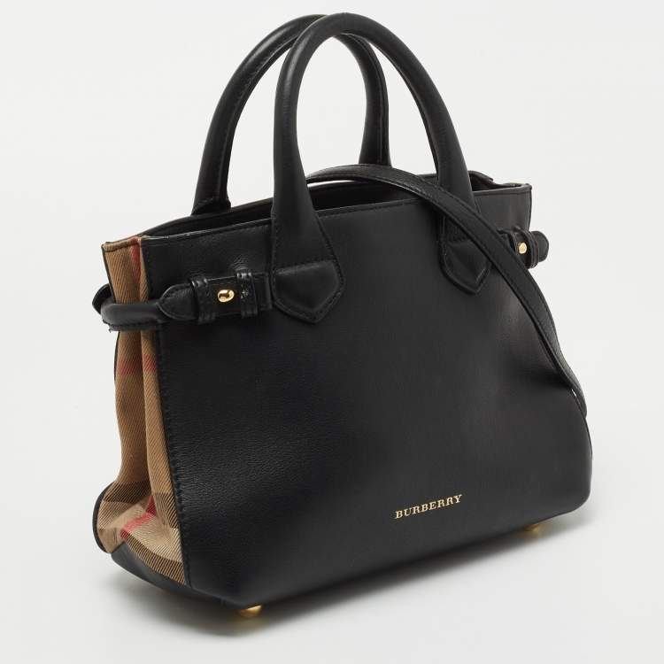 Pre Owned Burberry Black/Beige Leather and House Check Fabric Small Banner Tote