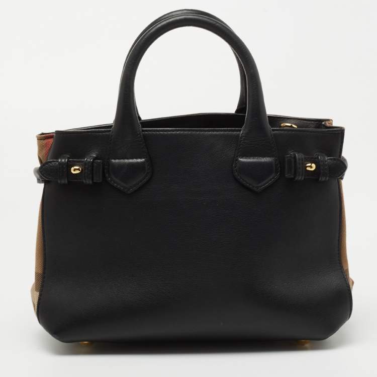 Pre Owned Burberry Black/Beige Leather and House Check Fabric Small Banner Tote