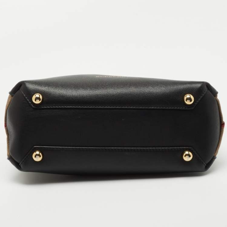 Pre Owned Burberry Black/Beige Leather and House Check Fabric Small Banner Tote