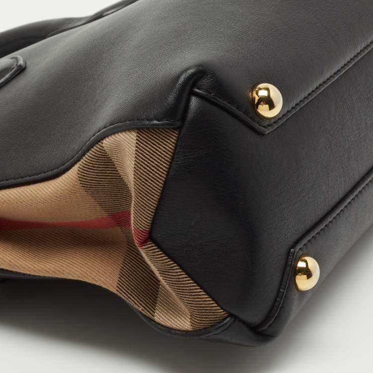 Pre Owned Burberry Black/Beige Leather and House Check Fabric Small Banner Tote