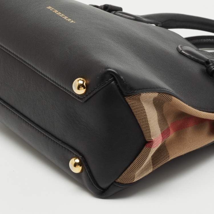 Pre Owned Burberry Black/Beige Leather and House Check Fabric Small Banner Tote