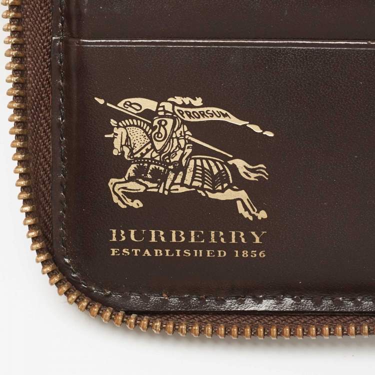 Pre Owned Burberry Brown/Beige Haymarket Check Coated Canvas and Leather Zip Around Wallet