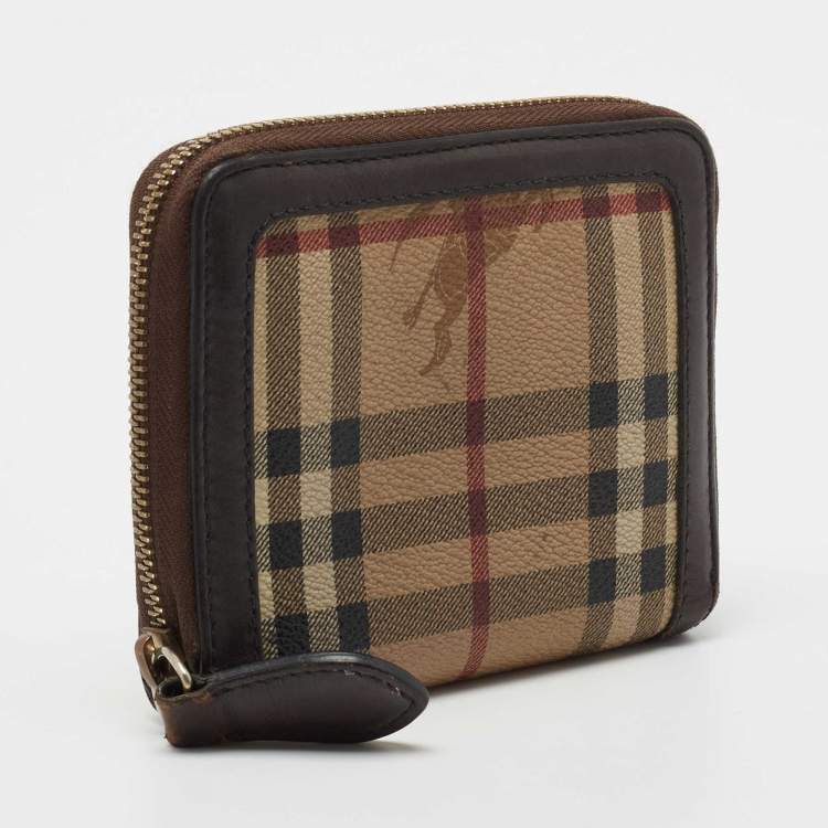 Pre Owned Burberry Brown/Beige Haymarket Check Coated Canvas and Leather Zip Around Wallet