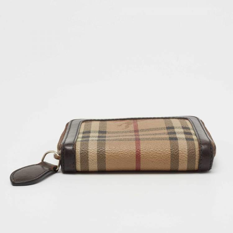Pre Owned Burberry Brown/Beige Haymarket Check Coated Canvas and Leather Zip Around Wallet
