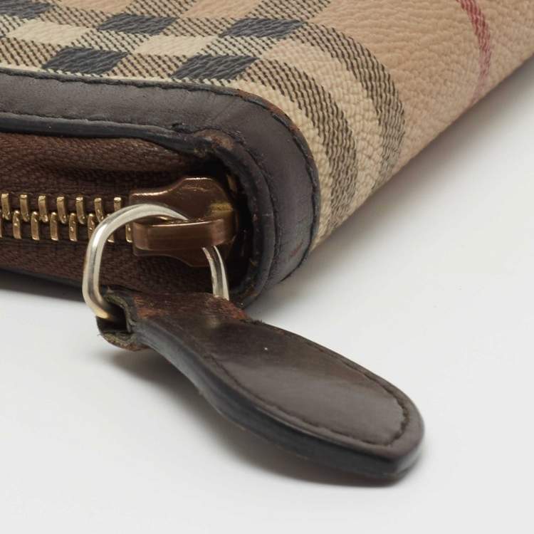 Pre Owned Burberry Brown/Beige Haymarket Check Coated Canvas and Leather Zip Around Wallet