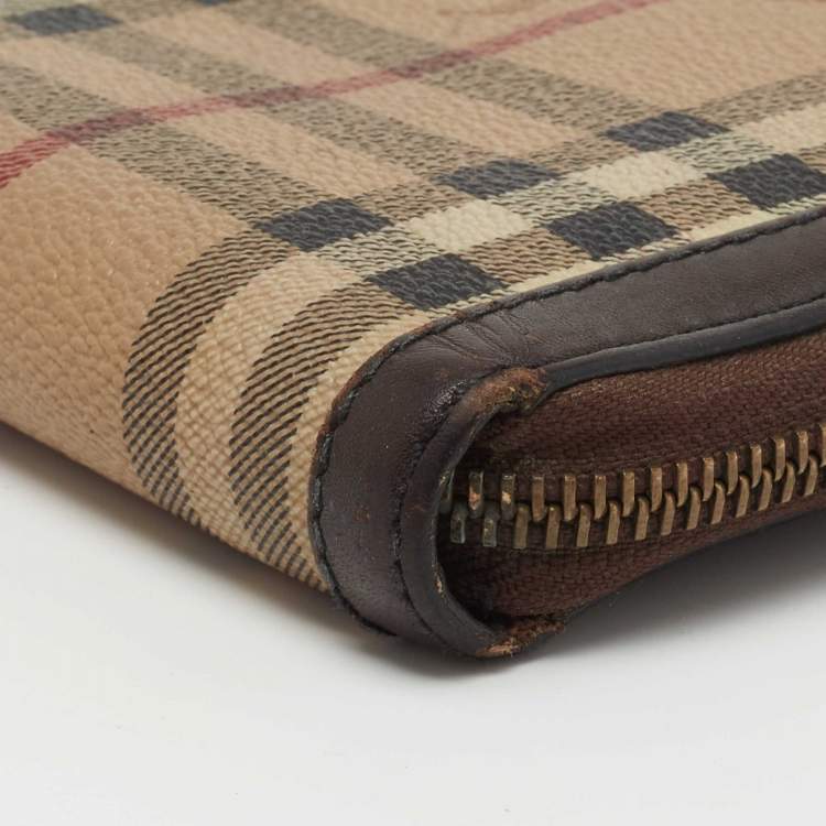 Pre Owned Burberry Brown/Beige Haymarket Check Coated Canvas and Leather Zip Around Wallet