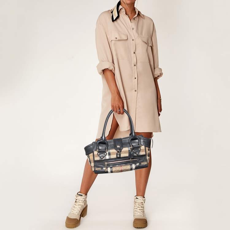 Pre Owned Burberry Beige/Black Quilted Nova Check Canvas and Leather Mini Manor Satchel