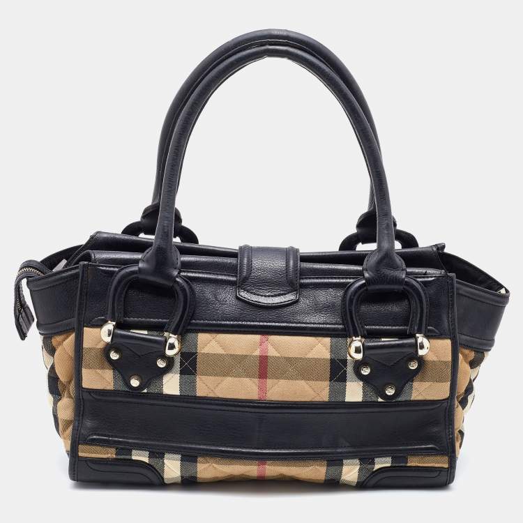 Pre Owned Burberry Beige/Black Quilted Nova Check Canvas and Leather Mini Manor Satchel