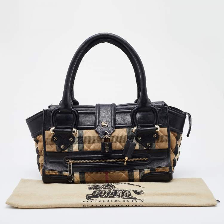 Pre Owned Burberry Beige/Black Quilted Nova Check Canvas and Leather Mini Manor Satchel