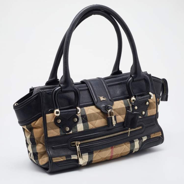 Pre Owned Burberry Beige/Black Quilted Nova Check Canvas and Leather Mini Manor Satchel