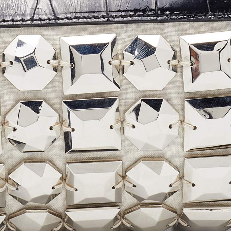 Pre Owned Burberry White/Black Fabric and Croc Embossed Patent Leather Embellished Wristlet Clutch