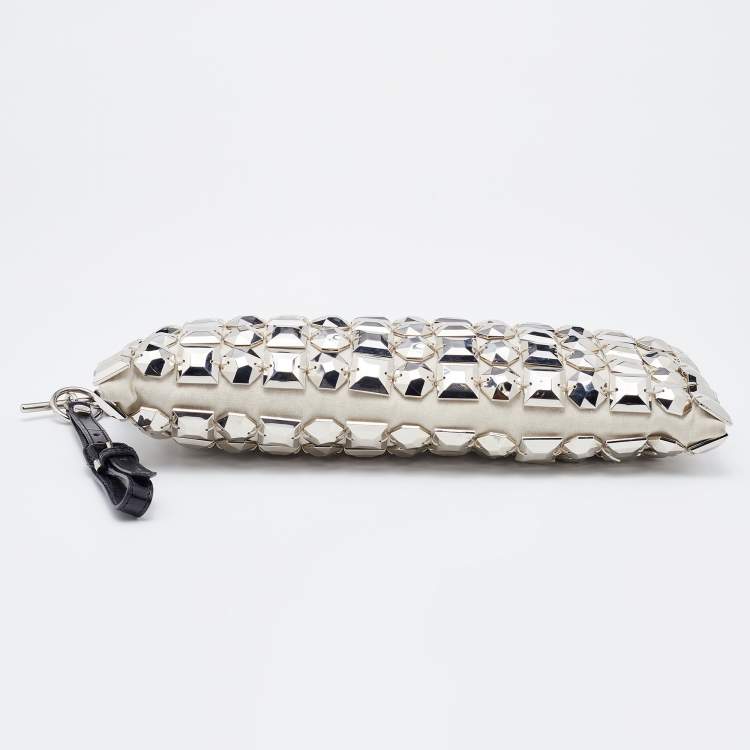 Pre Owned Burberry White/Black Fabric and Croc Embossed Patent Leather Embellished Wristlet Clutch