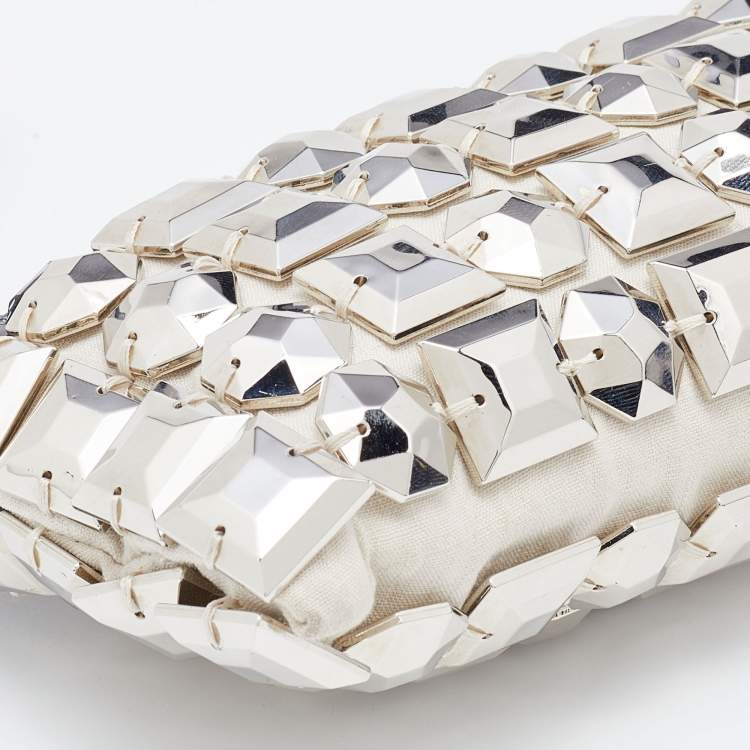 Pre Owned Burberry White/Black Fabric and Croc Embossed Patent Leather Embellished Wristlet Clutch