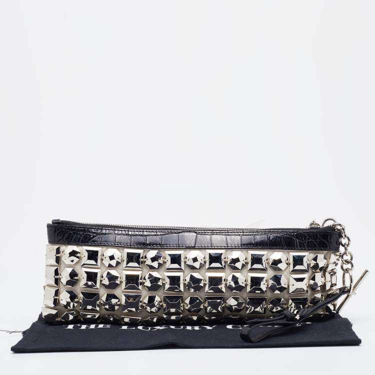 Pre Owned Burberry White/Black Fabric and Croc Embossed Patent Leather Embellished Wristlet Clutch