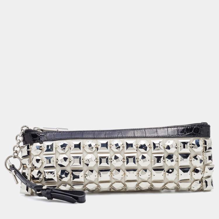Pre Owned Burberry White/Black Fabric and Croc Embossed Patent Leather Embellished Wristlet Clutch