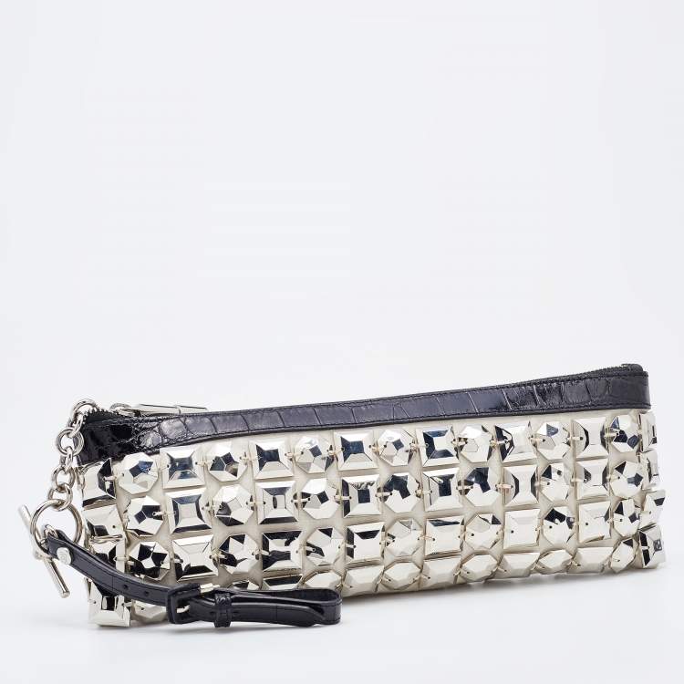 Pre Owned Burberry White/Black Fabric and Croc Embossed Patent Leather Embellished Wristlet Clutch