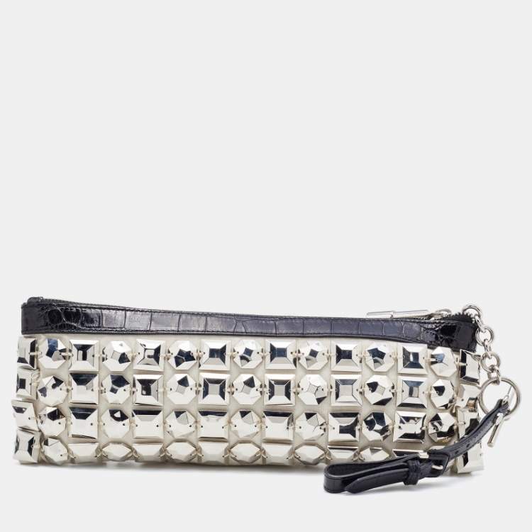 Pre Owned Burberry White/Black Fabric and Croc Embossed Patent Leather Embellished Wristlet Clutch