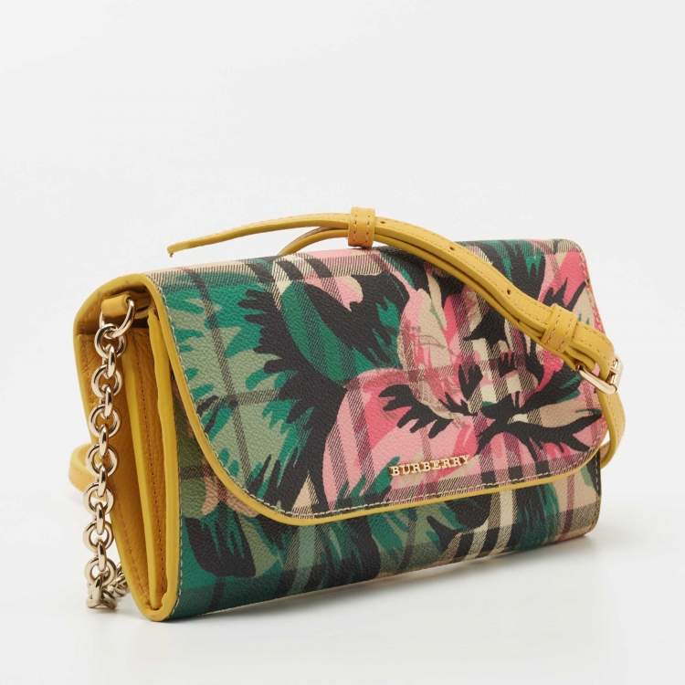 Pre Owned Burberry Multicolor Haymarket Check Floral Coated Canvas and Leather Izzy Wallet on Chain