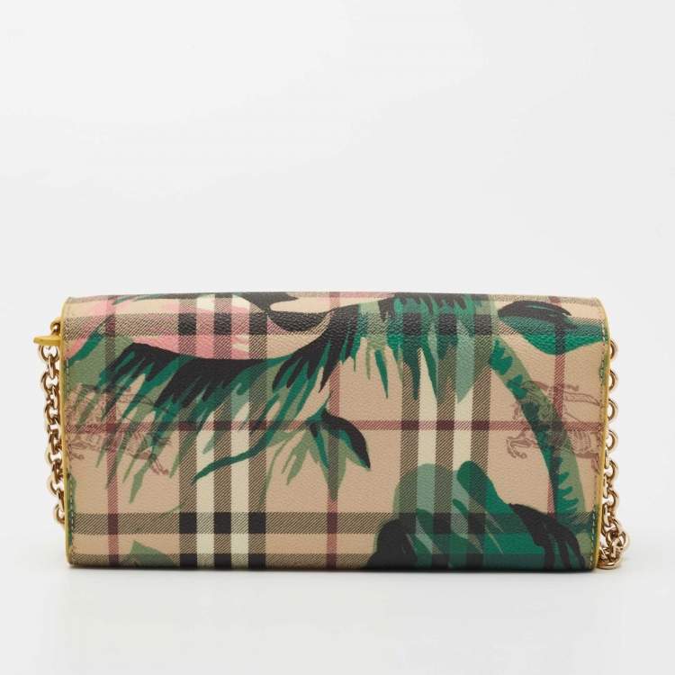 Pre Owned Burberry Multicolor Haymarket Check Floral Coated Canvas and Leather Izzy Wallet on Chain