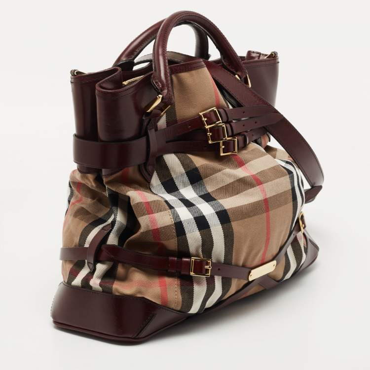 Pre Owned Burberry Burgundy House Check Fabric and Leather Large Bridle Lynher Tote