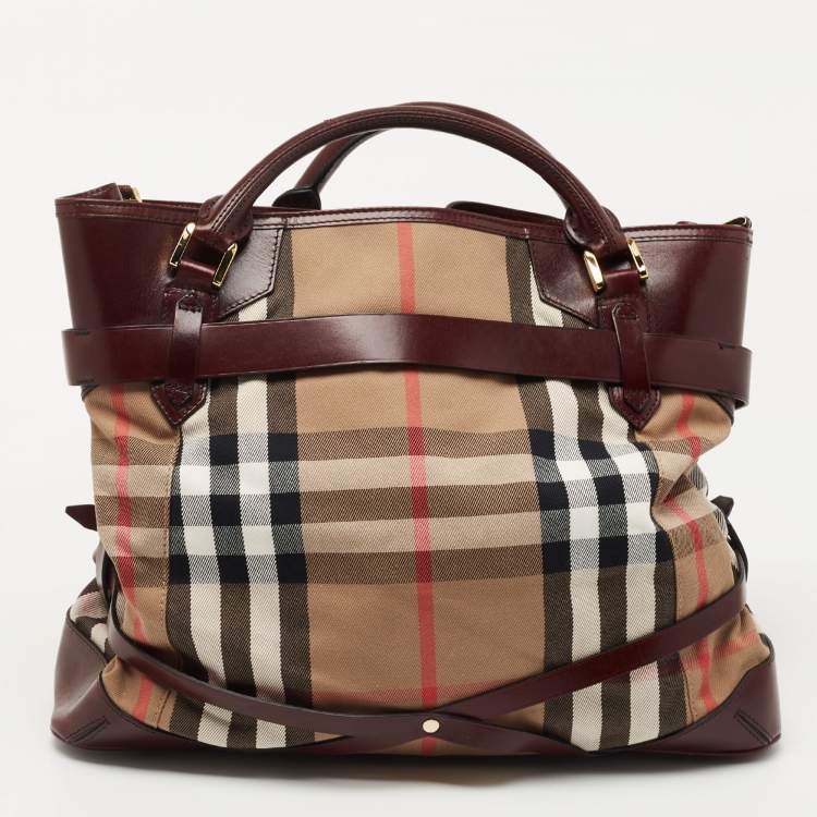 Pre Owned Burberry Burgundy House Check Fabric and Leather Large Bridle Lynher Tote