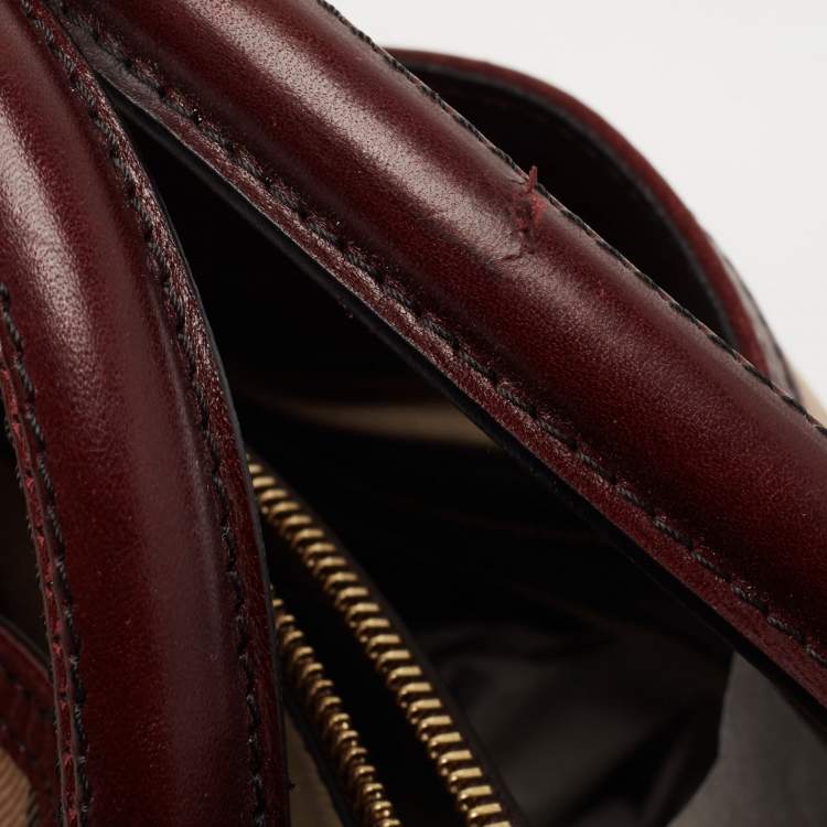 Pre Owned Burberry Burgundy House Check Fabric and Leather Large Bridle Lynher Tote