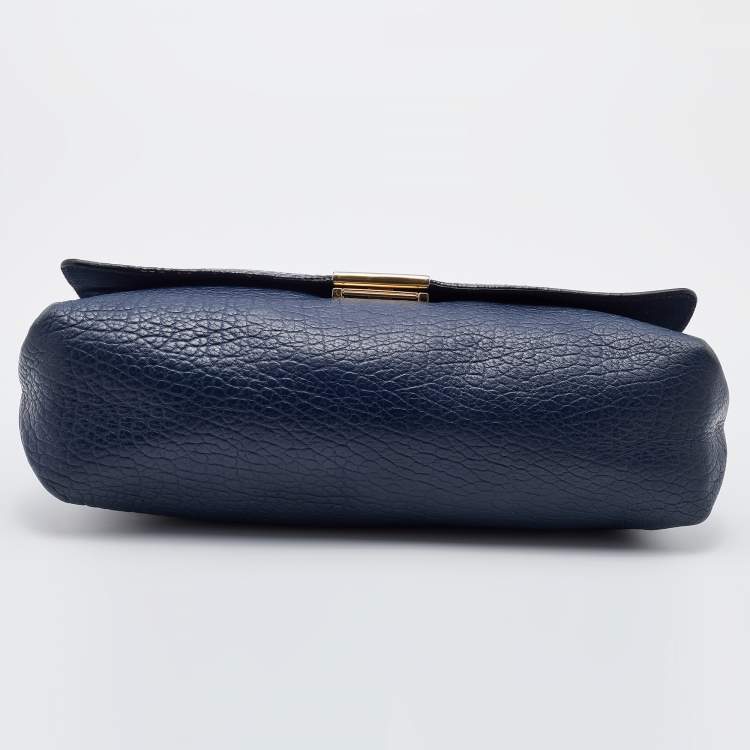 Pre Owned Burberry Navy Blue Leather Large Mildenhall Flap Shoulder Bag