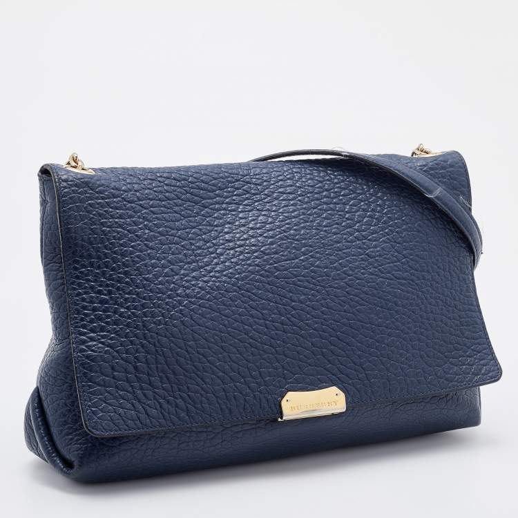 Pre Owned Burberry Navy Blue Leather Large Mildenhall Flap Shoulder Bag