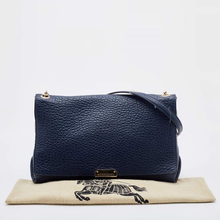 Pre Owned Burberry Navy Blue Leather Large Mildenhall Flap Shoulder Bag