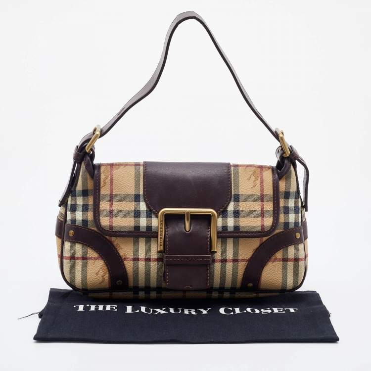 Pre Owned Burberry Beige/Brown Haymarket Check Coated Canvas and Leather Buckle Flap Shoulder Bag