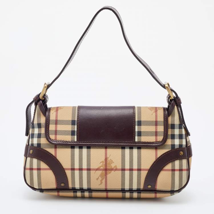 Pre Owned Burberry Beige/Brown Haymarket Check Coated Canvas and Leather Buckle Flap Shoulder Bag
