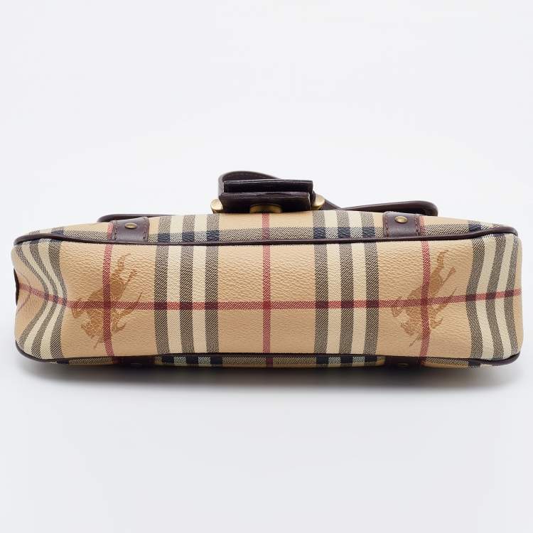 Pre Owned Burberry Beige/Brown Haymarket Check Coated Canvas and Leather Buckle Flap Shoulder Bag
