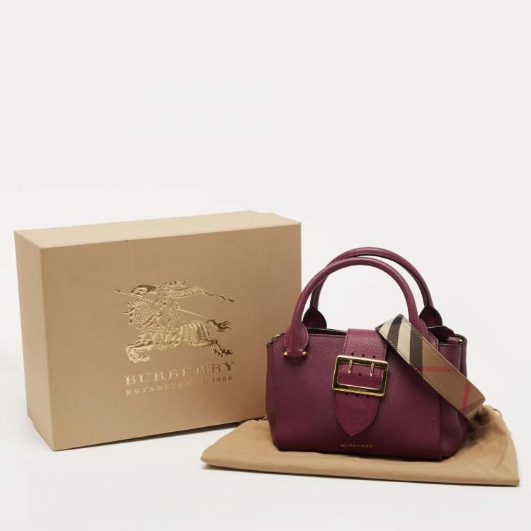 Pre Owned Burberry Burgundy Grained Leather Small Buckle Tote