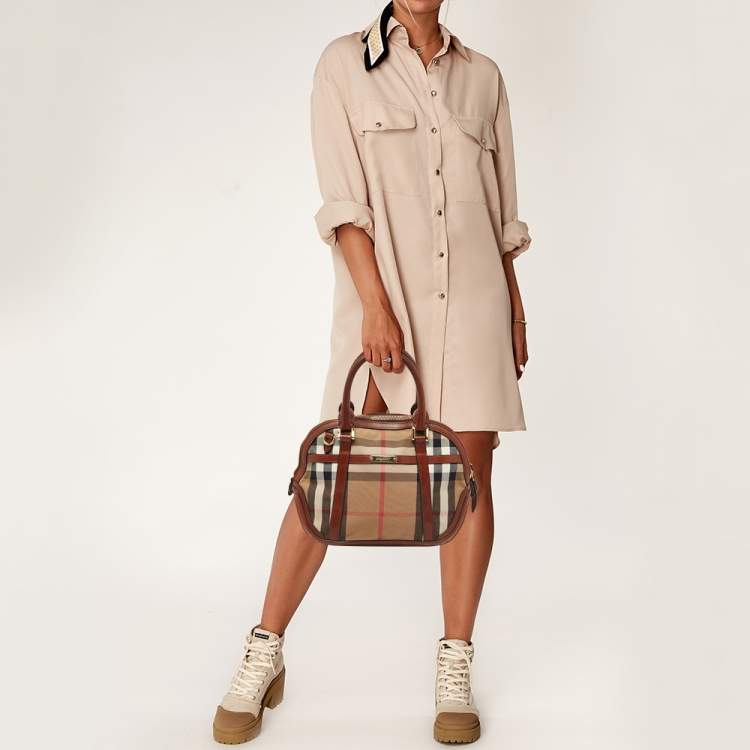 Burberry Beige/Tan House Check Fabric and Leather Orchard Bowler Bag  Burberry
